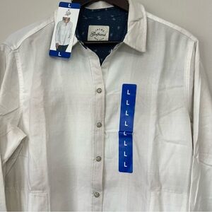 NWT Jach’s Girlfriend Button Up Flannel Shirt Size Large White Pockets Layering
